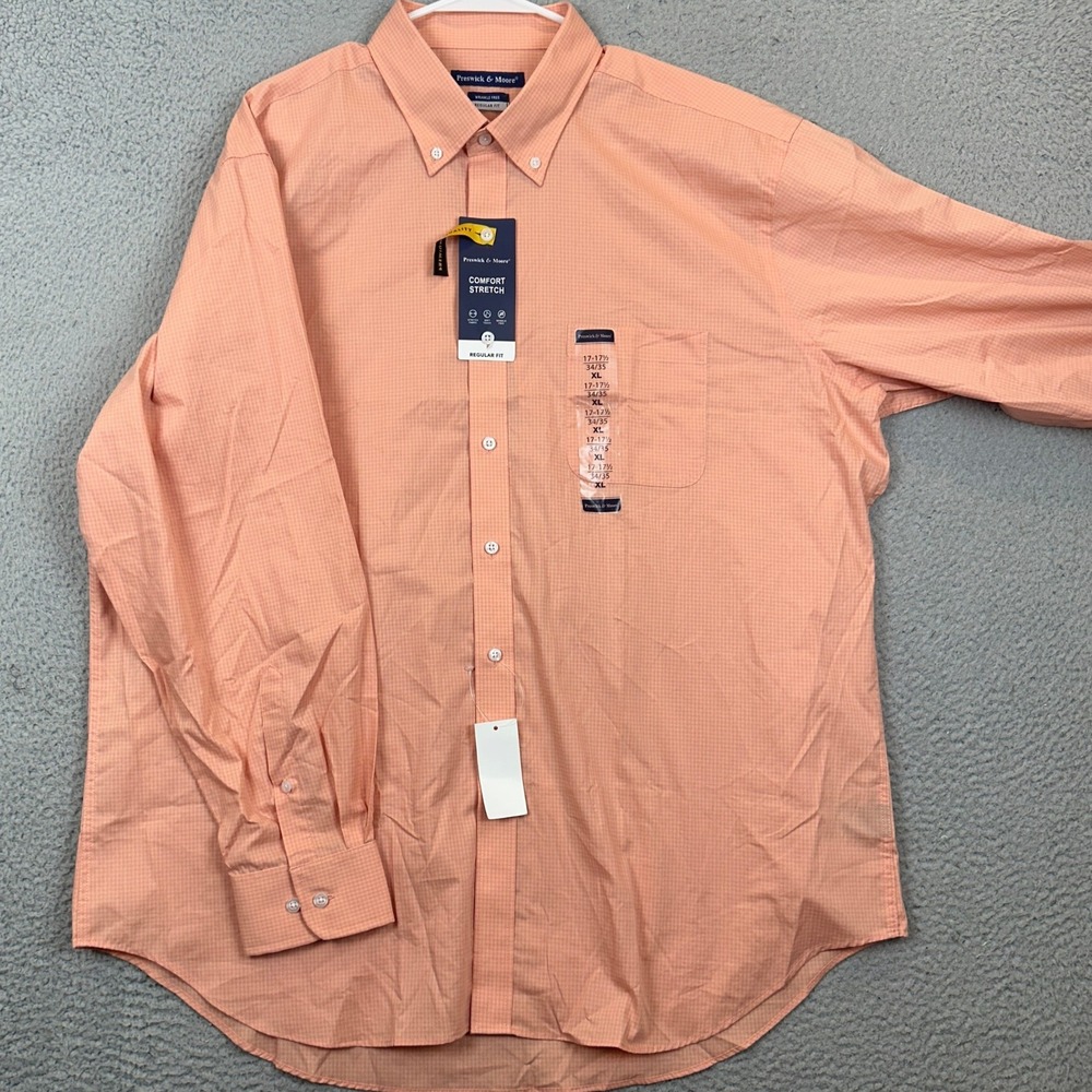 NEW Preswick Moore Shirt Mens XL 17-17.5 34-35 Peach Regular Fit Check Dress